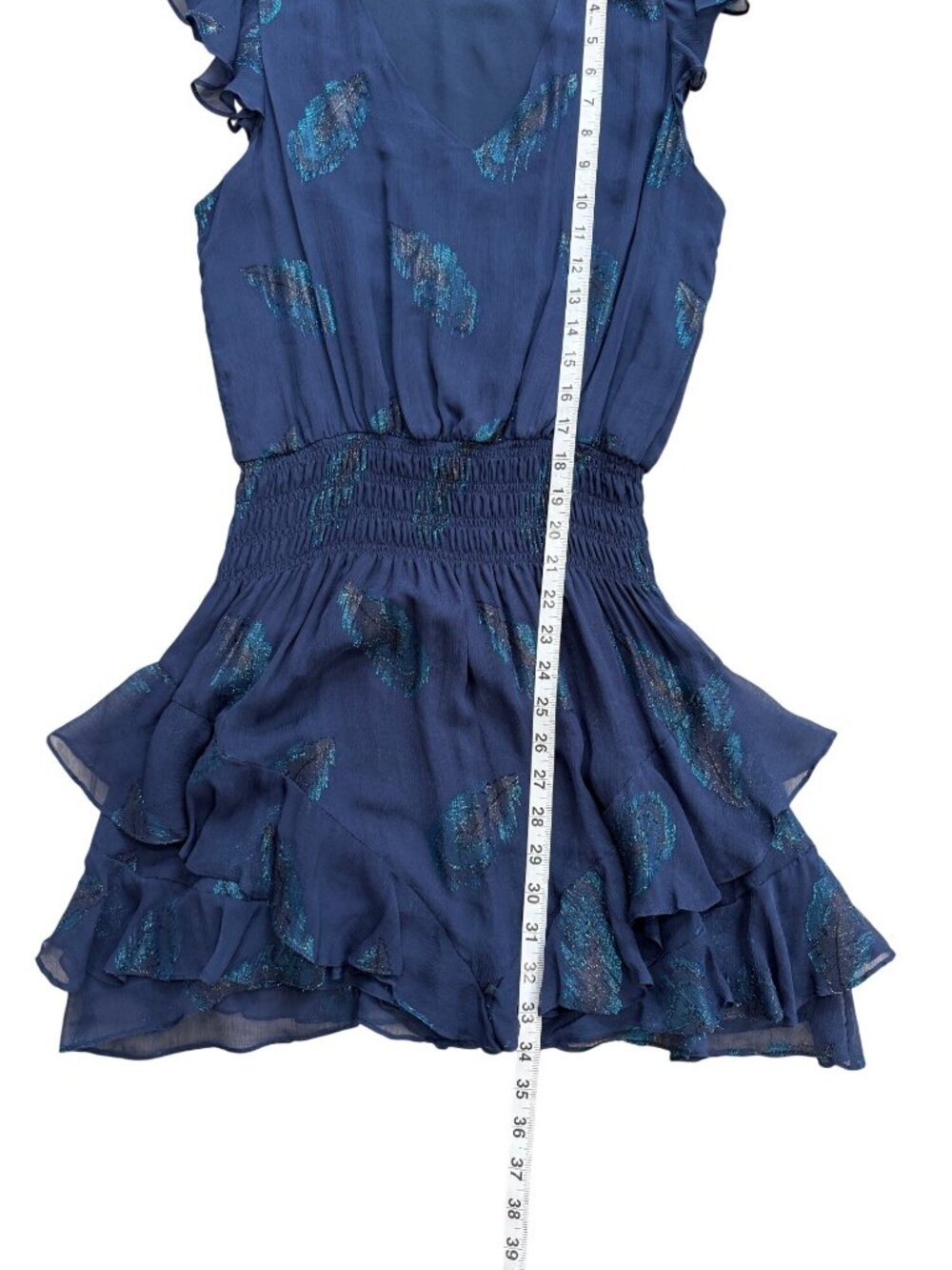 Ramy Brook Womens XS Silk Mini Dress Blue Metallic Feather Print Chiffon Ruffle - Picture 6 of 8